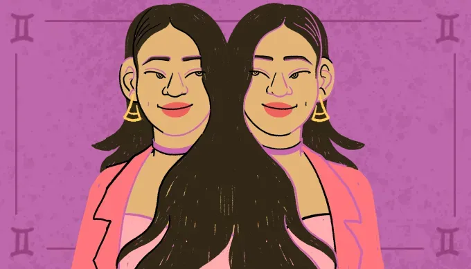 Cheeky illustration of identical twins with long dark hair and a statement earrings back-to-back smirking at each other.' fetchpriority='auto' title='Your Monthly Horoscopes: September 2025