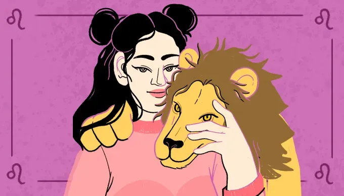 Cheeky illustration of a woman of Asian-descent wearing a sheer coral top with her hair half-up in pigtail puns the rest down. She is hugging a lion who is smirking.' fetchpriority='auto' title='Your Monthly Horoscopes: September 2025