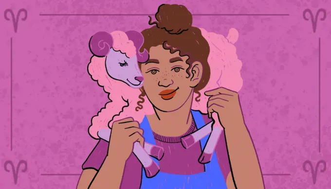 Cheeky illustrations of a girl of color in a purple shirt and overalls with a baby ram over her shoulders. She is smiling and so is the ram. The overall color is purple—purple background pink ram with purple horns and the girls is wearing a purple shirt. Her hair is in a messy bun.' fetchpriority='auto' title='Your Monthly Horoscopes: May 2025