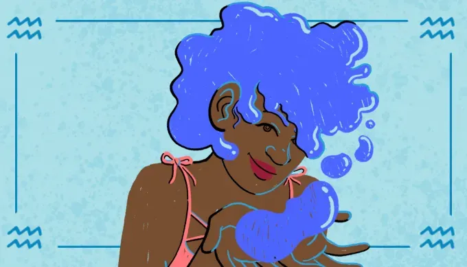 Cheeky image of a Black woman with blue hair on a light blue background. She’s holding blue water in her palms which is bubbling up and taking shape as her hair.' fetchpriority='auto' title='Your Monthly Horoscopes: May 2025