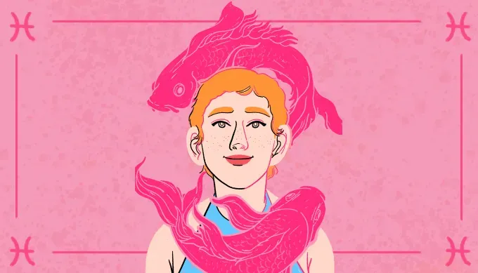 Cheeky illustration of a gender-fluid white person with short-cropped orange hair. They’re wearing a light blue halter top as two bright pink koi fish circle their head.' fetchpriority='auto' title='Your Monthly Horoscopes: May 2025