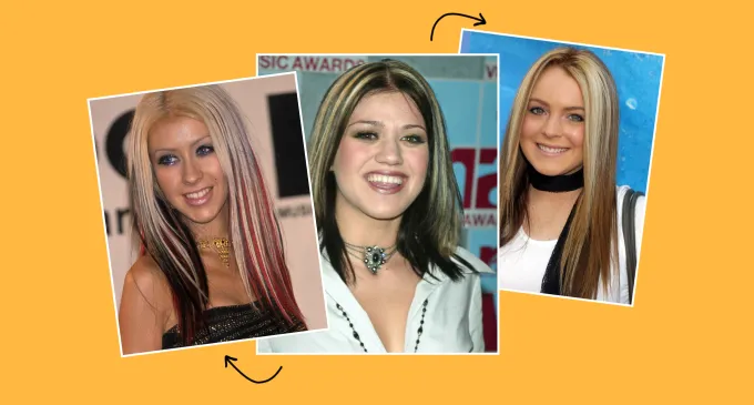 chunky highlights trend a photo collage of christina aguliera lindsay lohan and kelly clarkson' fetchpriority='auto' title='I Definitely Wasn’t Ready for This Y2K Hair Trend to Make a Comeback
