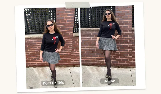 How to Look Taller in Pictures as a Petite: Editor Stephanie Maida from two angles' fetchpriority='auto' title='7 Ways for Petites to Look Taller in Pictures According to a 5’1 Editor and a Professional Photographer
