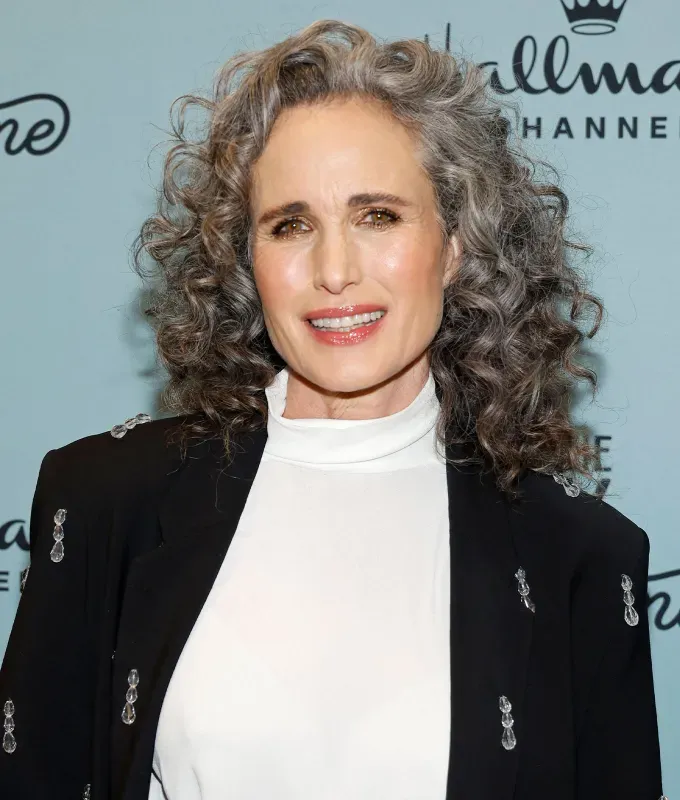 haircuts for gray hair voluminous curls andie macdowell' fetchpriority='auto' title='The 30 Best Haircuts for Gray Hair