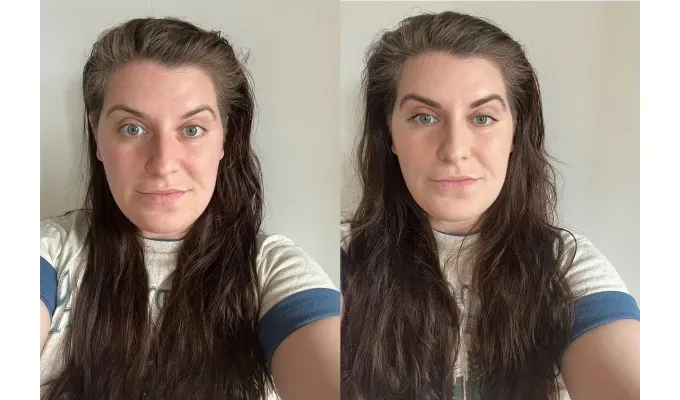 what-the-dupe-tarte-shape-tape-elf: Before and After photos of the author. Delia using Tarte Shape Tape concealer. They are white and have long brown hair.' title='Is Tarte Shape Tape Better Than This Similar $7 Formula? We Tested Both Beauty Products with Original Photos