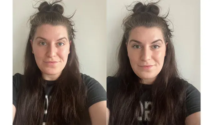 what-the-dupe-tarte-shape-tape-elf: Before and After photos of the author. Delia using e.l.f. Camo concealer. They are white and have long brown hair.' title='Is Tarte Shape Tape Better Than This Similar $7 Formula? We Tested Both Beauty Products with Original Photos