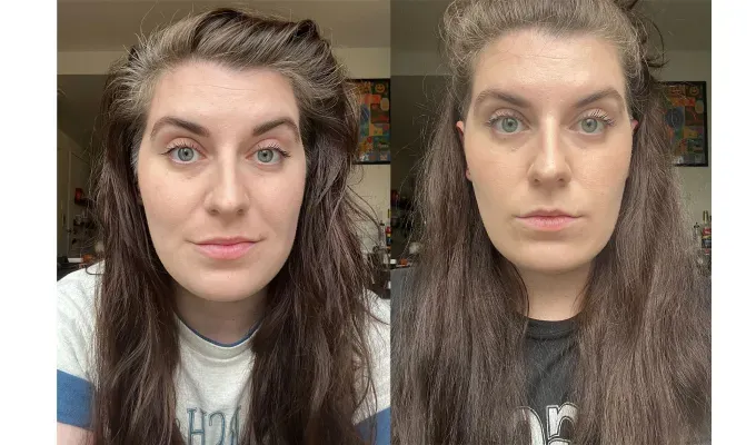 what-the-dupe-tarte-shape-tape-elf-concealer: After photos from using concealer on the author Delia. On the left is Tarte and on the right is e.l.f. Delia is white with long brown hair.' fetchpriority='auto' title='Is Tarte Shape Tape Better Than This Similar $7 Formula? We Tested Both Beauty Products with Original Photos