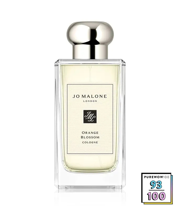 kate-middleton-meghan-markle-jo-malone-signature-scents: A transparent rectangular bottle of cologne with very light orange liquid and a silver cap on a white background. There is a small badge with the numbers 93 out of 100.' title='Kate Middleton and Meghan Markle Both Love Jo Malone Cologne But Which of Their Signature Scents Smells Better? I—a Fraghead—Tested Them Out