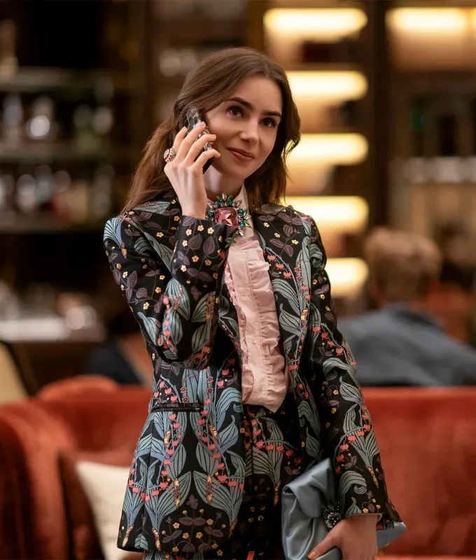 best outfits emily in paris season 4 jacquard suit' fetchpriority='auto' title='I’m a Fashion Editor and These Are Hands Down the 13 Best ‘Emily in Paris’ Outfits from Season 4