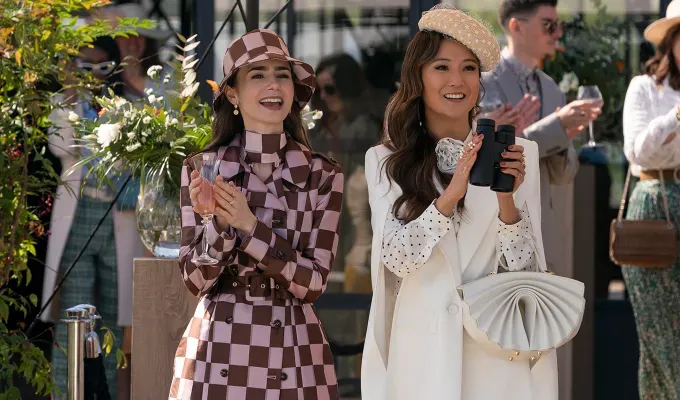 best outfits emily in paris season 4 checkerboard' fetchpriority='auto' title='I’m a Fashion Editor and These Are Hands Down the 13 Best ‘Emily in Paris’ Outfits from Season 4