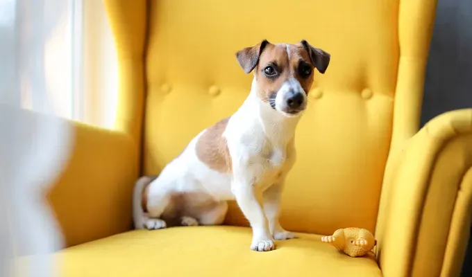 smallest-dog-breeds: a russell terrier sitting on a yellow arm chair and playing with a toy' fetchpriority='auto' title='The 25 Smallest Dog Breeds for Apartments Easy Airplane Travel and Cuteness Galore