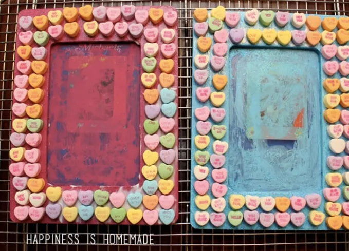 52 Fun and Easy Valentine’s Day Crafts for Kids - Wooden frames painted and decorated with conversation hearts.' title='70 Fun and Easy Valentine’s Day Crafts for Kids