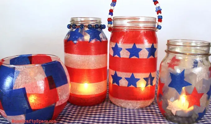 4th-of-july-crafts: red white and blue craft jars.' title='50 Easy 4th of July Crafts for Kids
