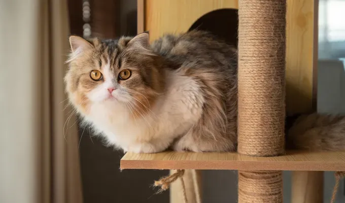 large cat breeds: persian cat perched on a cat tree' fetchpriority='auto' title='13 Large Cat Breeds that Make Great Pets