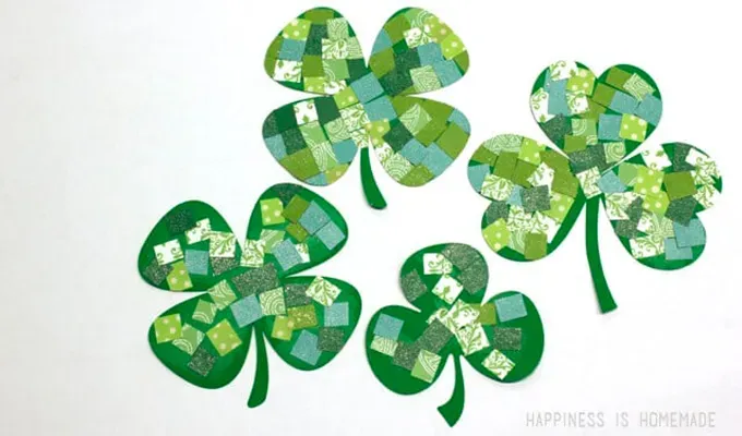 St. Patrick’s Day Crafts for Kids: four green Mosaic Paper Shamrocks' title='30 Fun and Easy St. Patrick’s Day Crafts for Kids