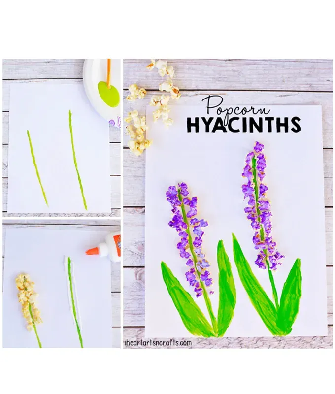 mothers-day-crafts: A purple popcorn craft that has been shaped into a hyacinth on a piece of paper.' title='45 Mother’s Day Crafts for Kids That She’ll Actually Want to Keep