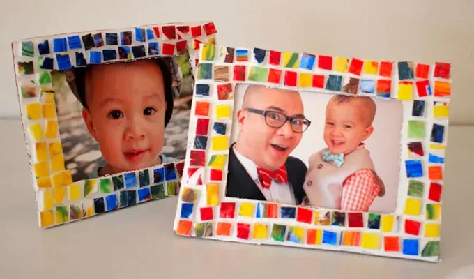 mothers-day-crafts: Two colorful mosaic picture frames with photos of a father and his kids.' title='45 Mother’s Day Crafts for Kids That She’ll Actually Want to Keep