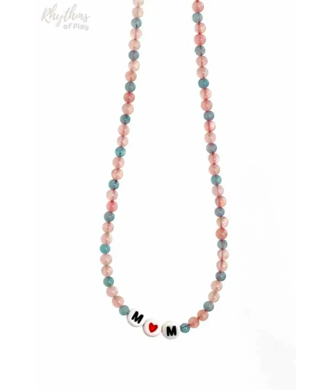 mothers-day-crafts: A pink and blue beaded necklace with letter beads spelling Mom.' title='45 Mother’s Day Crafts for Kids That She’ll Actually Want to Keep