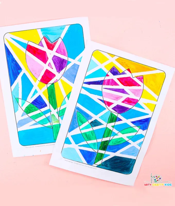 mothers-day-crafts: Two colorful tulip drawings with resist tape marks in front of a pink background.' title='45 Mother’s Day Crafts for Kids That She’ll Actually Want to Keep