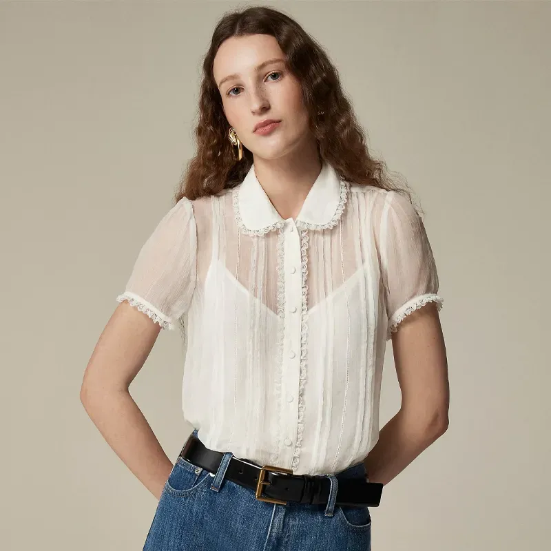 kristen bell style tips for small boobs J.Crew Sheer Lace Trim Button Up Shirt' title='Kristen Bell Taught Me These 6 Style Tips for Small Boobs That I Now Live By