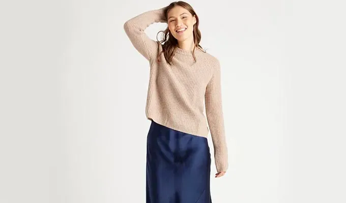 brands like Eileen Fisher: Quince sweater and dress' title='17 Brands Like Eileen Fisher to Shop for Timeless Elevated Basics