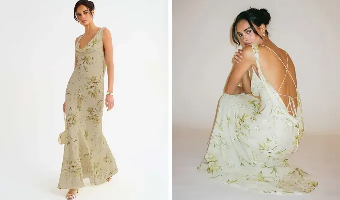 rumored hollywood gown in green front and back' title='This Floral Frock Is a Dead Ringer for Monica Geller’s Bridesmaids’ Dresses and I’m Obsessed