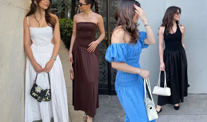 Drop-waist dresses collage of fashion editor Stephanie wearing various drop-waist dresses' fetchpriority='auto' title='I’m in Love with Drop-Waist Dresses—Here Are 12 Trending Styles to Shop Right Now