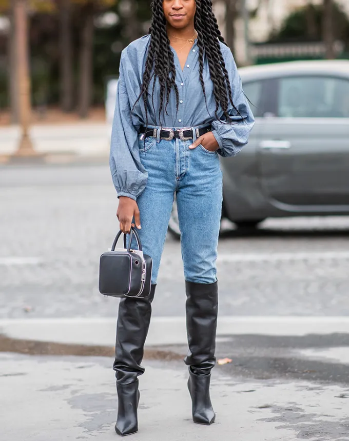 woman wearing skinny jeans and tall boots' fetchpriority='auto' title='Are Skinny Jeans Still in Style? 7 Do’s and Don’ts for Wearing Them in 2020
