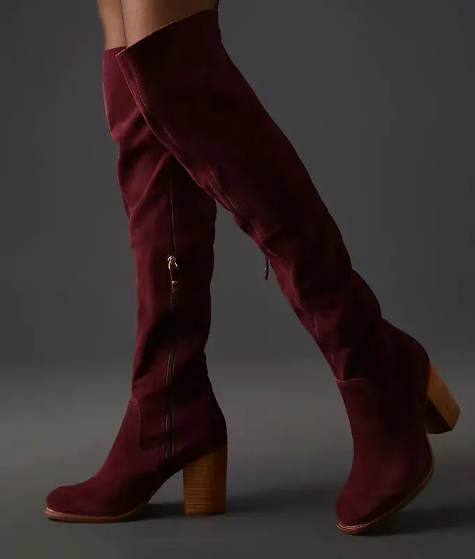 taylor swift burgundy boots kelsi dagger suede over the knee with wood heel' title='I’m Swooning Over the Burgundy Boots Taylor Swift Wore to the Chiefs Game and I Found Them for More Than Half Off