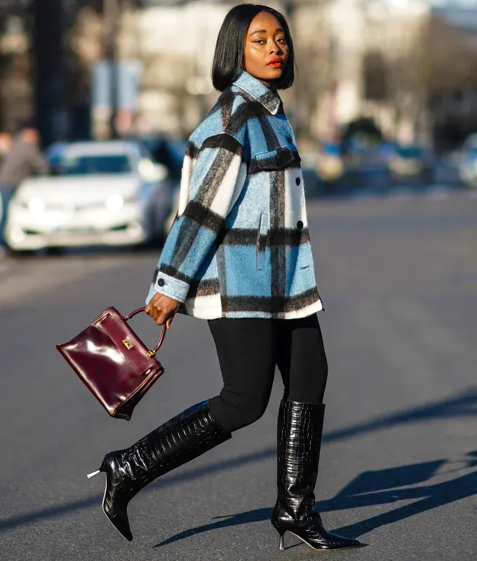 how to style a flannel leggings and knee high boots' fetchpriority='auto' title='Wondering How to Style Flannel? Here Are 17 Outfit Ideas to Try According to a Fashion Editor