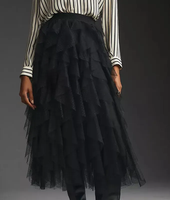 soft goth anthropologie ruffled tulle midi skirt' fetchpriority='auto' title='The Soft Goth Aesthetic Is Trending Thanks to the ‘Wednesday’ Netflix Hit: Here Are 10 Ways to Get the Look
