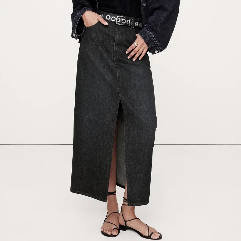 banana republic denim maxi skirt' title='22 Easy Black Skirt Outfit Ideas for When You Have Five Minutes to Get Dressed