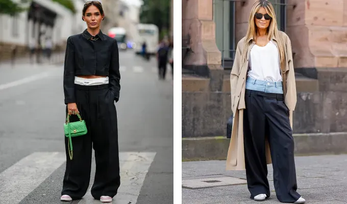 two women wearing double waistband pants' fetchpriority='auto' title='Double Waistband Pants Are Trending and Even Anne Hathaway Is a Fan