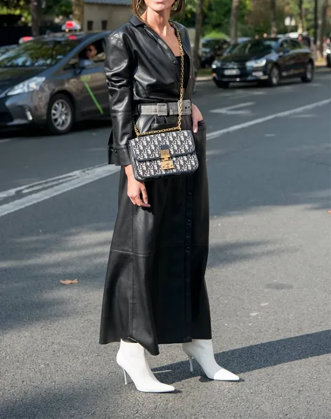 white stiletto ankle boots with skirt' fetchpriority='auto' title='How to Wear Ankle Boots with Skirts