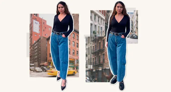 How to Wear Barrel Jeans as a Petite: Editor Stephanie Maida in black top and barrel jeans comparing pointed toe shoes to loafers' fetchpriority='auto' title='Here’s How I Pull Off Barrel Jeans as a 5’1 Petite