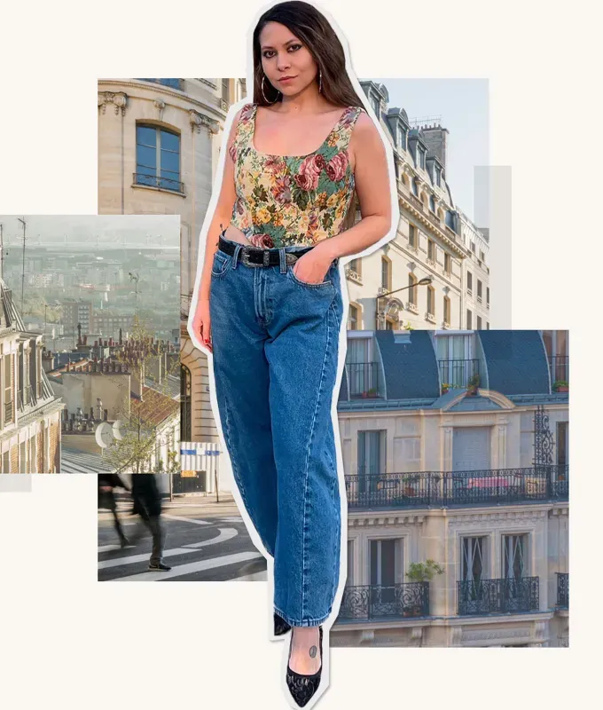 How to Wear Barrel Jeans as a Petite: Editor Stephanie Maida in floral top and barrel jeans' fetchpriority='auto' title='Here’s How I Pull Off Barrel Jeans as a 5’1 Petite
