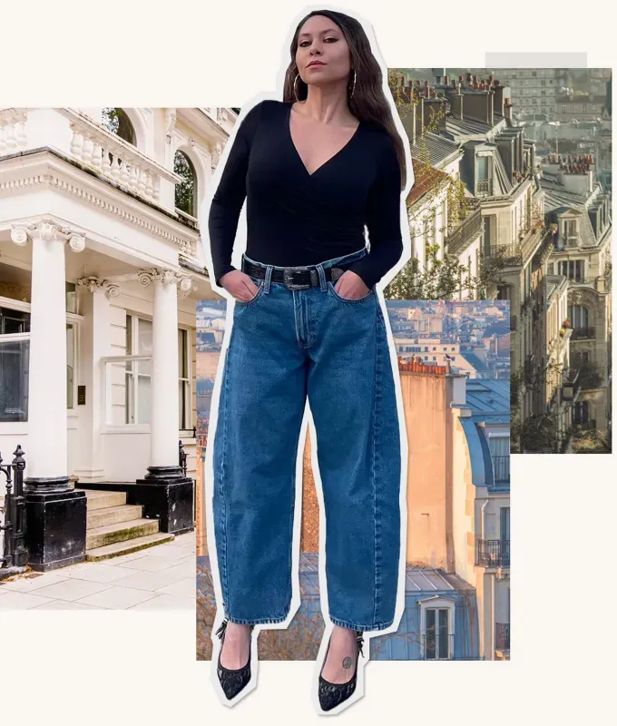 How to Wear Barrel Jeans as Petite: Editor Stephanie Maida in black top and barrel jeans' fetchpriority='auto' title='Here’s How I Pull Off Barrel Jeans as a 5’1 Petite