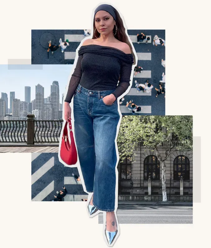 How to Wear Barrel Jeans as a Petite: Editor Stephanie Maida in off-the-shoulder top and barrel jeans' fetchpriority='auto' title='Here’s How I Pull Off Barrel Jeans as a 5’1 Petite