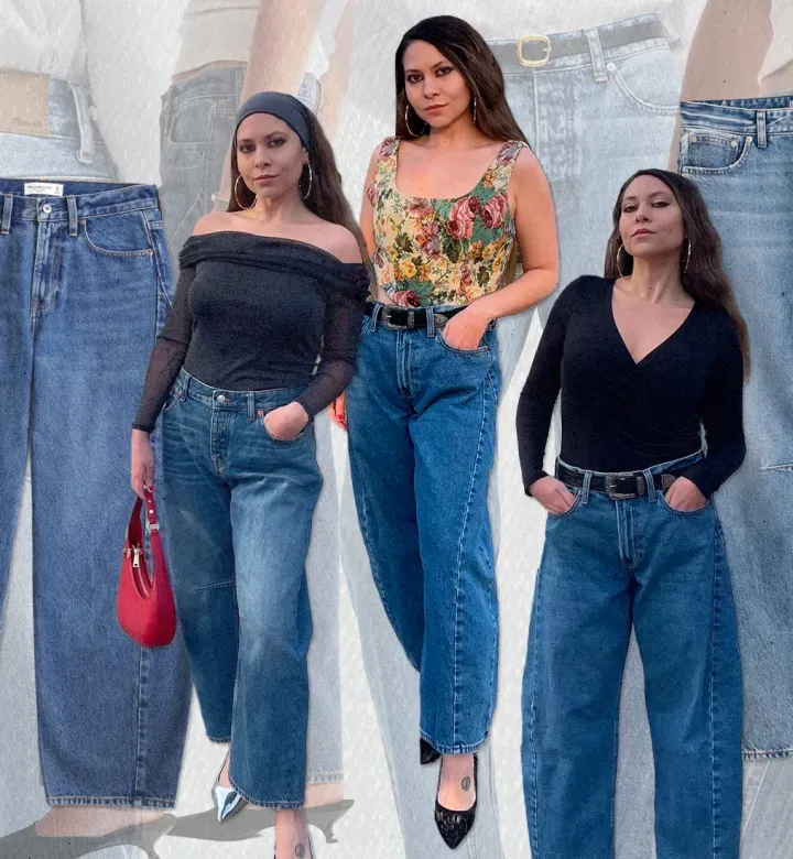 How to Wear Barrel Jeans as a Petite: Editor Stephanie Maida wearing barrel jeans three ways collage' fetchpriority='high' title='Here’s How I Pull Off Barrel Jeans as a 5’1 Petite
