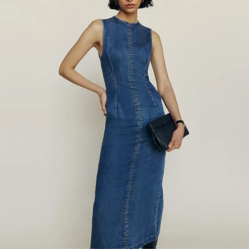 reformation denim dress 90s fashion trend' title='The ‘90s Fashion Revival Is in Full Swing—Here’s How to Wear the Trend This Summer