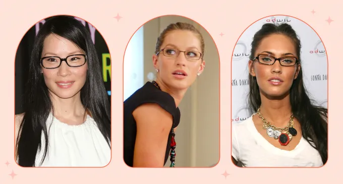 a collage of lucy liu gisele bunchen and megan fox wearing bayonetta glasses in the early 2000s' fetchpriority='auto' title='Bayonetta Glasses Are Back and We Have Some Thoughts