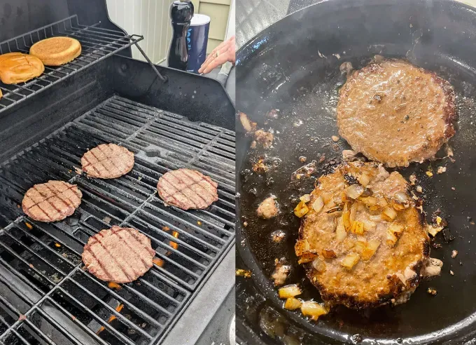omaha steaks smashburger kit review: omaha steaks smash burgers cooking on a grill and in a skillet' title='Do Omaha Steaks Smash Burgers Really Cook in 5 Minutes Sans-Griddle? Our Food Team Tested Them