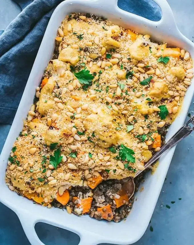 postpartum freezer meals: creamy vegan lentil and roasted vegetable bake' title='31 Postpartum Freezer Meals Any Parent Will Appreciate