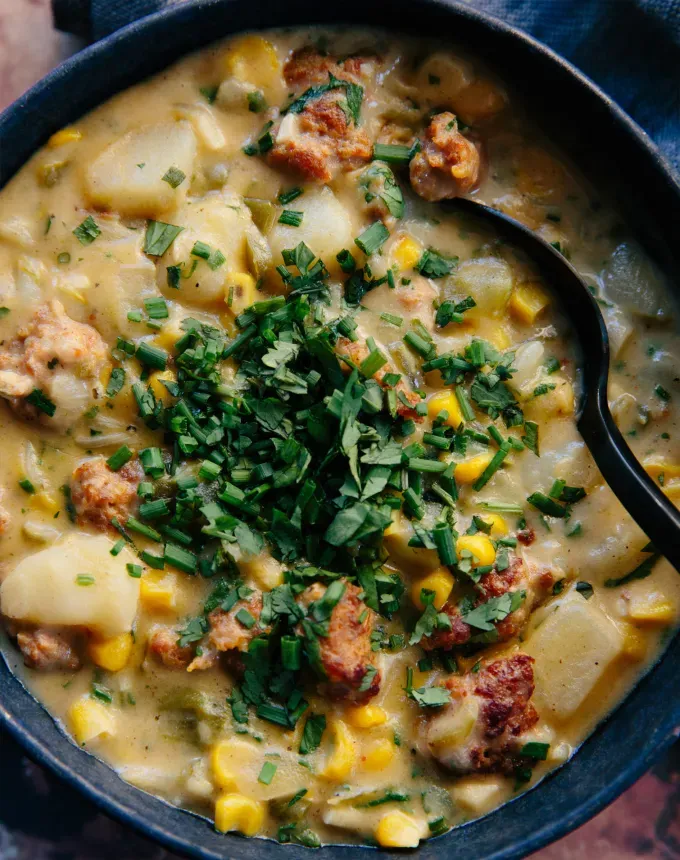 postpartum freezer meals: sausage corn and poblano chowder' title='31 Postpartum Freezer Meals Any Parent Will Appreciate