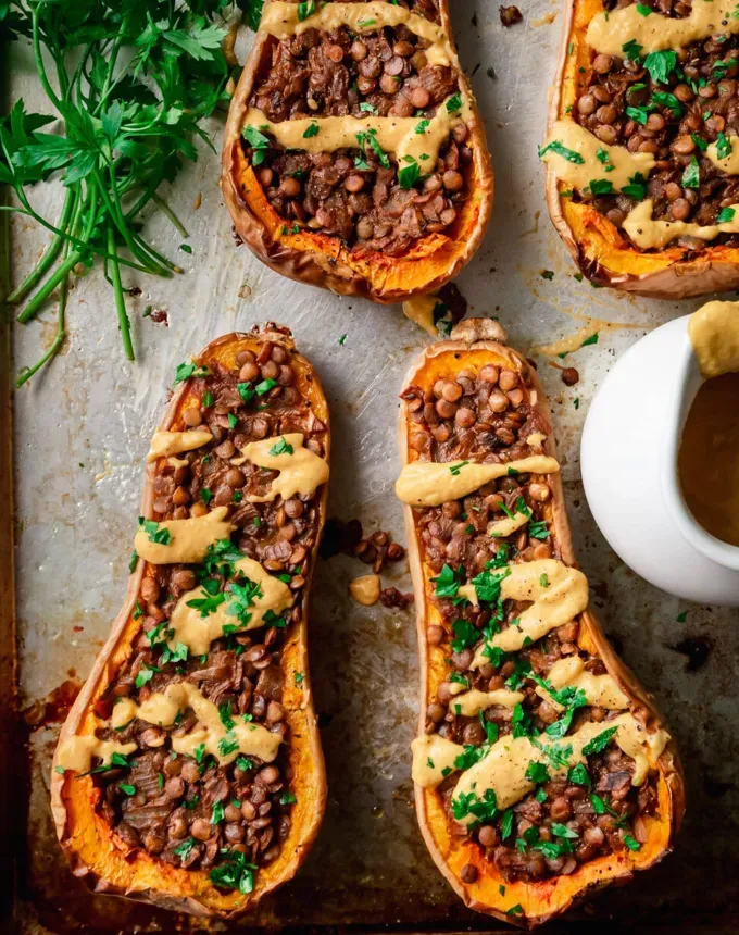 postpartum freezer meals: creamy lentil stuffed butternut squash' title='31 Postpartum Freezer Meals Any Parent Will Appreciate