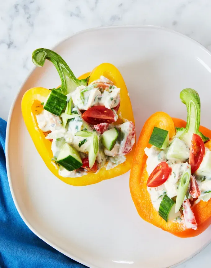 savory appetizers: greek yogurt chicken salad in bell peppers' title='51 Savory Appetizers That Are Sure to Get the Party Started from Make-Ahead Gems to Cheesy Delights