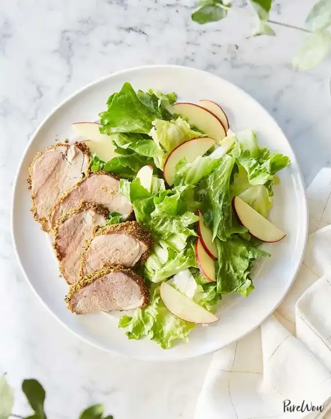 valentine’s day dinner ideas: pistachio crusted pork tenderloin with apple and escarole salad' title='60 Valentine’s Day Dinner Ideas That Feel Fancy (but Not Cheesy)