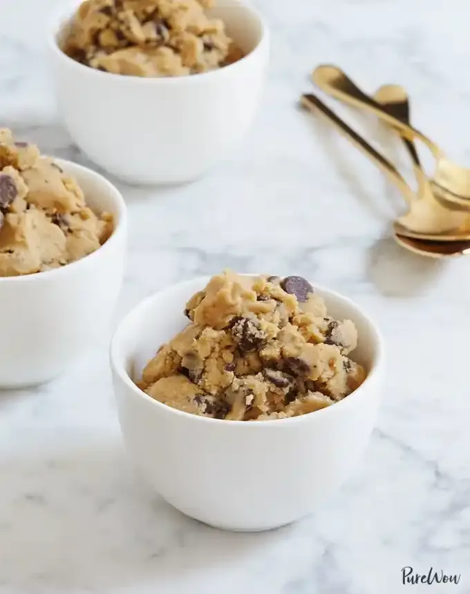 fun things to bake: three bowls of eggless edible cookie dough next to spoons' title='78 Easy Fun Things to Bake When You’re Bored and Craving Something Sweet