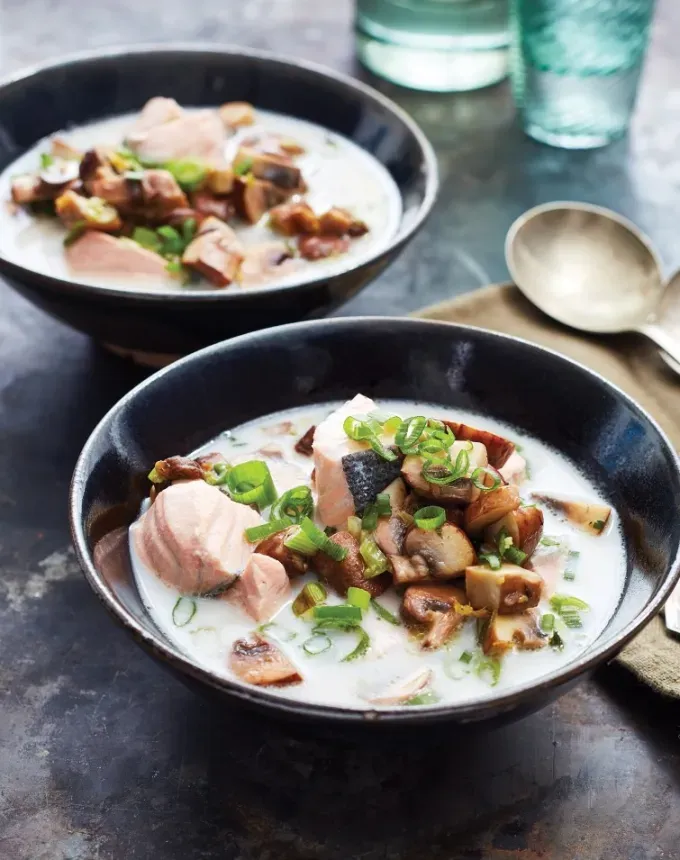 high protein soups: instant pot miso salmon chowder' title='21 High-Protein Soup Recipes That Are Satisfyingly Cozy