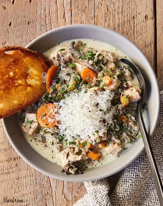 high protein soups: slow cooker chicken and wild rice soup' title='21 High-Protein Soup Recipes That Are Satisfyingly Cozy